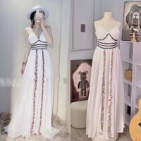 Maxi voan trắng 2 dây phối viền thổ cẩm, đầm váy dài xẻ đùi quyến rũ gợi cảm, thời trang đi chơi biển du lịch chụp hình