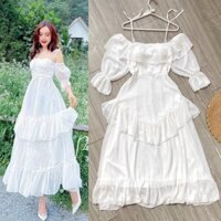 Maxi voan trắng có mút hở/bẹt/rớt/trễ vai, đầm váy dài tầng tiểu thư công chúa thời trang chụp hình đi chơi/biển du lịch