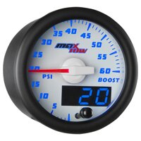 MaxTow Double Vision 60 PSI Turbo Boost Gauge Kit - Includes Electronic Pressure Sensor - White Gauge Face - Blue LED Illuminated Dial - Analog & D...