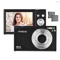 Máy ảnh kỹ thuật số Andoer 2.7K Máy quay video nhỏ gọn 48MP Tự động lấy nét Màn hình IPS 2,88 inch Zoom 16X Chống rung Nhận diện khuôn mặt Chụp nụ cười Tích hợp đèn LED lấp đầy ánh sáng với túi đựng Dây đeo cổ tay 2 pin cho trẻ em Thanh thiếu niên