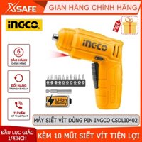 Máy bắn vít mini dùng pin 4V INGCO CSDLI0402 đầu lục giác 1/4'', chức năng đảo chiều, kèm 10 mũi siết vít 25mm, 1 mũi từ