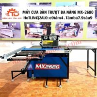 Máy cưa bàn trượt 2 lưỡi đa năng MX-2680 công suất khoẻ. Có cánh gà đỡ ván. Nâng hạ lưỡi bằng điện
