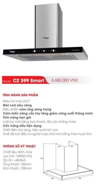 máy hút mùi Canzy CZ-399Smart tặng ống thoát giảm ồn