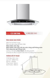 MÁY HÚT MÙI CANZY CZ DB70Q ( CÔNG SUẤT 1.200M3, HÚT ÊM, ĐIỀU KHIỂN VẪY TAY)