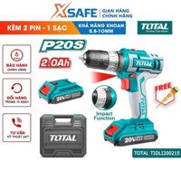 Máy khoan búa pin cầm tay 20V TOTAL TIDLI200215 nhông hai tốc độ 400-1500v/p, lực đập 22500v/p, kèm 2 pin 1 sạc - xsafe