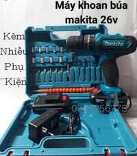 MÁY KHOAN PIN MAKITA CÓ BÚA makita 26v. (kèm 2pin và nhiều phụ kiện) bảo hành 12 tháng..kèm 2pin.khoan sat.gỗ .bê tông...