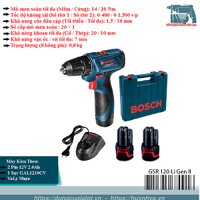 Máy khoan vặn vít pin 12V Bosch GSR 120-LI GEN II (2 Pin 2.0Ah, Sạc GAL1210CV, valy nhựa)