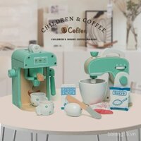 Máy pha cà phê giả vờ bằng gỗ, bộ dụng cụ nhà bếp bằng gỗ, máy làm bánh mì, máy trộn, đồ chơi nhà bếp cho trẻ em