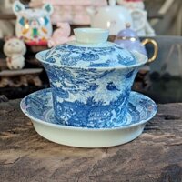 Máy pha trà gốm sứ có sẵn [Giảm giá 50%] Underglaze Blue White Qingming Shanghe Tu Sứ Cổ Sancai Gaiwan Bát trà gốm lớn Kung Fu Bộ trà làm trà gia dụng