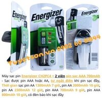 Máy sạc pin Energizer CH2PC4 + 2 viên pin sạc AAA 700mAh                         &nbsp(&nbspSạc được pin AAA hoặc AA, tự ngắt điện khi pin sạc đầy, Thời gian sạc pin AA 1300mAh 7 giờ, pin AA 2000mAh 10 giờ, pin AA 2300mAh 12 giờ, pin AAA 700mAh 9 giờ, pin AAA 800mAh 10 giờ, có đèn báo khi sạc đầy&nbsp)
