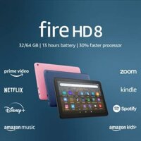 Máy tính bảng Amazon Fire HD 8, 8 inch màn hình HD, bộ nhớ 64 GB, xử lý nhanh hơn 30%, dành cho giải trí di động, (phiên bản 2022), màu đen, không quảng cáo trên màn hình khóa.