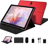 Máy tính bảng JUSYEA Android 11 với màn hình 10,1 inch, RAM 4GB, ROM 64GB, mở rộng 128GB, bộ xử lý Octa-Core, màn hình cảm ứng HD, pin 8000mAh, tích hợp chuột và bàn phím, vỏ đỏ.