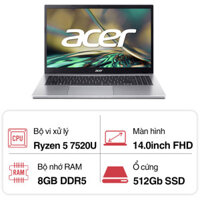 Máy tính Laptop Acer Aspire A314-23M-R4TX (R5 7530U/ 8GB/ 512GB SSD/ 14 inch FHD/ Win11/ Silver/ Vỏ nhôm/ 1Y)
