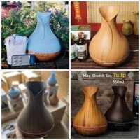 Máy xông tinh dầu MKT 1803, Bình Hoa Tulip vân gỗ, dung tích 550ML, có điều khiển, đèn LED 7 màu