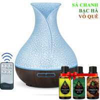 Máy Xông Tinh Dầu Tặng 3 Tinh Dầu Sả Chanh  Bạc Hà  Quế. Máy Khuếch Tán Tinh Dầu Có Remote Điều Khiển Từ Xa Chuyên Dụng Xông Tinh Dầu Cho Phòng Lớn - Nắp Tuyết, Đế Gỗ Đen