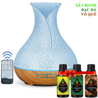 Máy Xông Tinh Dầu Tặng 3 Tinh Dầu Sả Chanh  Bạc Hà  Quế. Máy Khuếch Tán Tinh Dầu Có Remote Điều Khiển Từ Xa Chuyên Dụng Xông Tinh Dầu Cho Phòng Lớn - Nắp Tuyết, Đế Gỗ Vàng