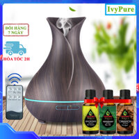 Máy Xông Tinh Dầu Tặng 3 Tinh Dầu Sả Chanh  Bạc Hà  Quế. Máy Khuếch Tán Tinh Dầu Có Remote Điều Khiển Từ Xa Chuyên Dụng Xông Tinh Dầu Cho Phòng Lớn - Máy Vân Gỗ Đen