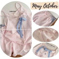 Mayoctober bộ đồ ngủ hai dây chất đũi xốp mặc nhà siêu mát - Bộ hai dây hồng đáng yêu chất lượng cao cấp