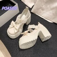 Mayshow Mary Jane Giày, Giày Gothic Mũi Tròn, Giày Cao Gót Chunky Gót