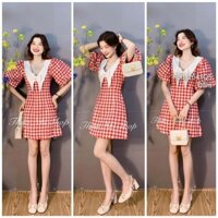 [Maysstore2020] Đầm xòe dáng midi tay ngắn cổ sen nhọn tiểu thư 0809