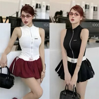 MCR31- sét bí phồng, áo sát nách cổ cao dây kéo form ôm phối chân váy bí phồng chạy viền logo