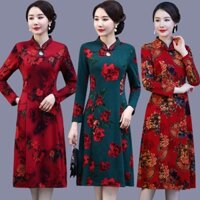 Mẹ mặc váy sườn xám dài tay size lớn mùa thu mới in dài phiên bản cải tiến váy đầm giảm béo cho người trung niên và cao