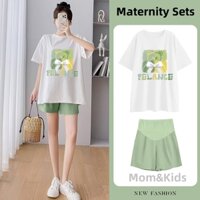 Mẹ & Trẻ Em Thời Trang Mùa Hè Quần Short Bà Bầu Phù Hợp Với Áo Thun Mang Thai Top + Quần Rời Thường Ngày Ngoài Trời Mặc Thai Sản Bộ Đồ Hai Mảnh