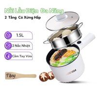 MEEVIDA 2 Tầng Nồi Lẩu Điện 1.5L,Nồi Lẩu Mini 2 Nấc Nhiệt Không Dính,Kèm Giá Hấp-Tay Cầm Tiện Dụng
