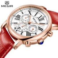 Megir Luxury Red 2058 Chữ La Mã Mặt Số Analog Đồng Hồ Thạch Anh Nữ Đầm Đồng Hồ Đeo Tay - Chronograph