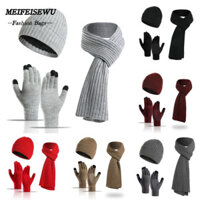 Meifeisewu Giữ Ấm Bộ, Khăn quàng cổ len lót lông cừu mùa đông, Khăn quàng cổ dệt kim dày màu trơn cho nam nữ