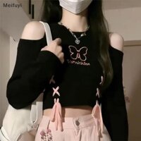 [Meifuyi] Cô Gái Cay Gợi Cảm Retro Bướm Thêu Vai Nữ Áo Len Crop COD