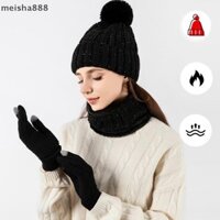 Meisha888 3 Bộ Mũ Mùa Đông Mũ Dệt Kim Tóc Lớn Bóng Ấm Cọc Tăng Cường Bé Trai Và Bé Gái Mũ Dệt Kim Mùa Đông Khăn Và Găng Tay Đẹp