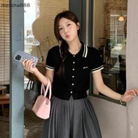 Meisha888 Áo thun nữ cổ bẻ nút tay ngắn phong cách Preppy sang trọng Áo đẹp