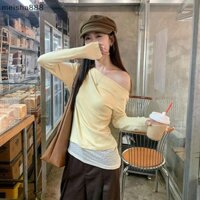Meisha888 Ngọt Ngào Hàn Quốc Ren Chắp Vá Áo Thun Dài Tay Không Đều Mỏng Cho Nữ Đẹp
