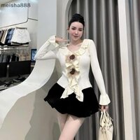 Meisha888 Pháp Tính Khí Hoa Ngọt Ngào Lông Ruffle Cổ Chữ V Chuông Tay Áo Len Dệt Kim Cho Nữ Đẹp