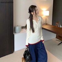 Meisha888 Thời Trang Tương Phản Màu Sắc Sọc Ve Áo Dài Tay Mỏng Dệt Kim Áo Len Nữ Đẹp