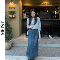 Meisy chân váy jean bò xẻ tà sau dáng dài chữ A