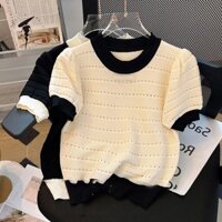 MeiXueMeiLin Áo Dệt Kim Trễ Vai Tay Phồng Đính Nơ Họa Tiết Kẻ Sọc