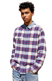 Men's Denim Collar Plaid Flannel Shirt