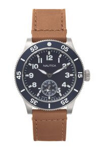 Men's Houston Stainless Steel Quartz Sport Watch with Leather Calfskin Strap, Blue, 22 (Model: NAPHST001)