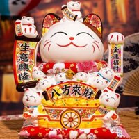 Mèo may mắn Nhật Bản Mèo Thần Tài , mèo may mắn bằng sứ cao cấp kèm đệm đỏ và dây cắm - Phật Giáo Tường Thuận