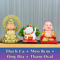 Mèo Thần Tài 8cm Mix Thích Ca + Di Lạc Quạt Dùng Trang trí nhà cửa , xe hơi, không gian làm việc v.v