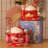 Mèo Thần Tài đỏ giơ 2 tay mèo may mắn maneki neko phúc lộc viên mãn-Đa Phú Quý 20cm kèm đệm