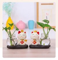 Mèo Thần Tài May Mắn Để Bàn Kèm Chậu Thủy Tinh Trồng Cây, Nuôi Cá
