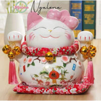 Mèo thần tài may mắn neko maneki Anh đào hồng sáo ngọc bích (hũ ống tiết kiệm)