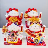 Mèo thần tài vẫy tay 25-27cm Maneki Nekko Gốm Sứ  Cao Cấp Kèm Gối Và Sạc