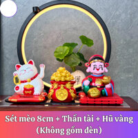 Mèo Vẫy Tay 8cm mix thần tài và hũ vàng trang trí taplo ô tô, bàn làm viec (PTVina)