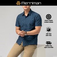 MERRIMAN SALE - Áo Sơ Mi MERRIMAN Tay Ngắn, Màu Xanh Navy, Họa Tiết Hoa Văn, Form Slim Lai Ngang