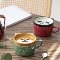 【MessiyaJapanese style mug with lid Shiba Inu cat bear ceramic cup household water cup coffee cup breakfast cup milk cup couple cup