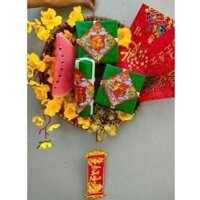 Mẹt tre bánh chưng, bánh tét dưa hấu, hoa mai vàng, hoa trạng nguyên vàng, trang trí tết, sẵn hàng ạ ...